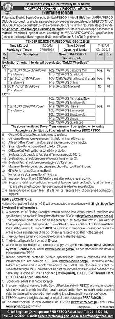 Faisalabad Electric Supply Company Limited Tender Notice